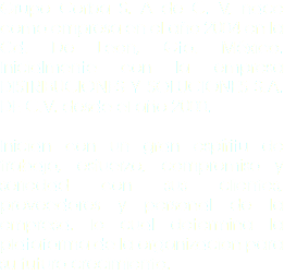 Grupo Corba S. A de C. V, nace como empresa en el año 2004 en la Cd. De León, Gto. México. Inicialmente con la empresa DISTRIBUCIONES Y SOLUCIONES S.A. DE C.V. desde el año 2000. Inician con un gran espíritu de trabajo, esfuerzo, compromiso y seriedad con sus clientes, proveedores y personal de la empresa. lo cual determina la plataforma de la organización para su futuro crecimiento.